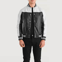 Blouson Bomber Homme en Cuir Véritable Imperméable à Blocs de Couleurs avec Fermeture Éclair, Style Décontracté Baseball, Veste d'Hiver Streetwear