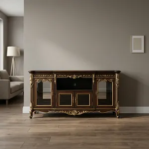 Meuble TV en bois de style antique de luxe avec portes en verre sculptées ornementées et rangement classique pour salon royal - Product Image 2