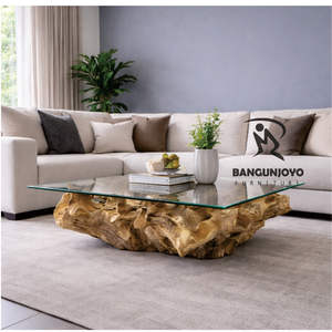 Table basse rustique multifonction en bois massif de racine de teck avec plateau en verre - Product Image 2