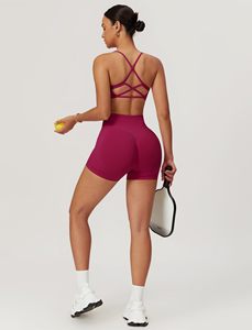 Conjunto de Yoga sin Costuras de 2 Piezas, Top Corto de Cintura Alta y Pantalones Cortos, Color Sólido, Espalda Cruzada, Ropa Deportiva para Mujer - Product Image 2