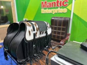 <b>Black</b> Leather Motorcycle Saddlebags with Hair-On Flaps, Fringe – Cruiser Panniers Large Capacity Leather Bag - Product Image 3