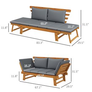 Panca a due posti regolabile in legno dal design minimalista con cuscini grigi per esterni, portico e patio - Product Image 3