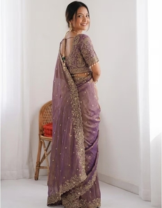 KV Traditional Silk Embellished Embroidered Zari <b>Satin</b> <b>Saree</b> with Unstitched Blouse for Party Occasions - Product Image 2
