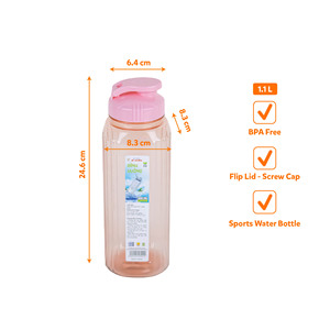 Bouteille d'eau carrée en plastique de 1,1 L, corps côtelé vertical, couvercle à rabat, bouchon à vis, récipient à boisson pour l'école, le bureau, la famille, la salle de sport, l'extérieur - Product Image 2