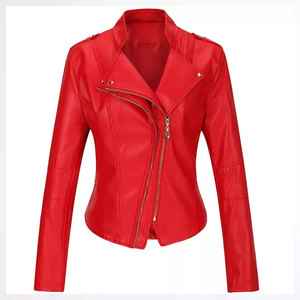 Veste moto en cuir PU rouge pour femme, manches longues, fermeture éclair, col rabattu, longueur courte, style automne - Product Image 6