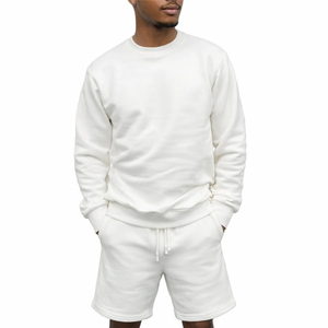 Custom <b>Men's</b> Casual Off <b>White</b> <b>Sweatshirt</b> And Shorts Tracksuit Set Fleece Pullover Matching Drawstring Shorts Set Wholesale OEM - Product Image 1