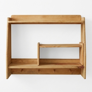 Étagère murale en bois asymétrique à niveaux, présentoir avec crochets de suspension inférieurs, organisateur flottant pour entrée et cuisine - Product Image 1