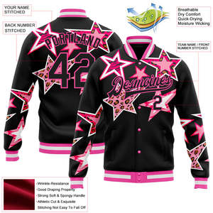 Custom Pink Star Leopard Print Varsity <b>Jacket</b> <b>Men</b> Plus Size Casual Autumn Black Polyester Front Logo Turn-down Collar - Product Image 2