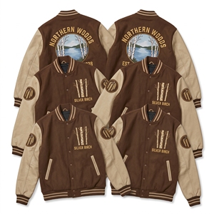 Wholesale Varsity Jacket Mocha Brown Wool Body Beige Leather Sleeve Northern Woods Silver Birch <b>Tree</b> Embroidery Letterman <b>Coat</b> - Product Image 1