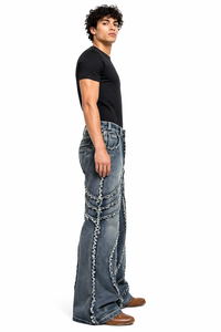 Mens Dark Washed Distressed Denim Jeans Wide Leg Streetwear <b>Pants</b> Heavy Fade Vintage Style Designer Panel Stitch Jeans Grey - Product Image 3