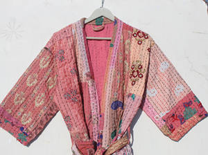 Robes kimono en coton brodé Kantha pour femmes, grandes tailles, robes de chambre patchwork pour l'été et l'automne, vêtements de plage - Product Image 3
