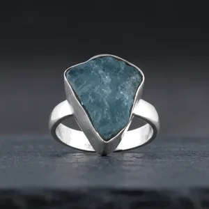 925 Sterling Silver Aquamarine Gemstone Ring Natural Blue Stone Geometric Bezel Setting Minimalist Style Unisex Everyday Wear - Product Image 4