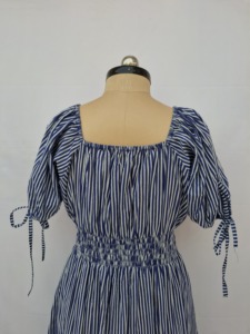 Blue Striped Cotton Midi <b>Dress</b> Puff Sleeves U Neck <b>Elastic</b> Waist A-Line Silhouette Japan Woven Fabric Casual Streetwear Sweet - Product Image 5