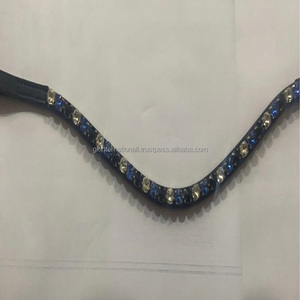 Banda de cejas de caballo de cuero de vaca de grano superior de lujo personalizada con 1 Fila redonda Mega Bling plata y azul redondo cristales grandes Bling - Product Image 6