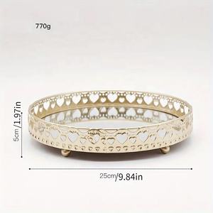 ถาดเครื่องประดับทรงกลมชุบทองโบราณ พร้อมพื้นผิวกระจก สำหรับจัดเก็บเครื่องสำอางและเครื่องประดับ เหมาะสำหรับตกแต่งโต๊ะงานแต่งงาน - Product Image 3