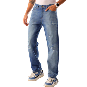 Jeans en denim pour homme, coupe droite, lavage moyen, coton de poids moyen, confort sur mesure, streetwear décontracté, hiver, automne, impression 3D, OEM ODM - Product Image 1