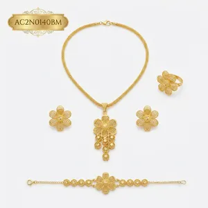 Elegant Flower Pendant 24K Gold Plated Jewelry Set for Women Wedding Classic Brass Necklace Earrings <b>Bracelet</b> AC2N0140BM - Product Image 2