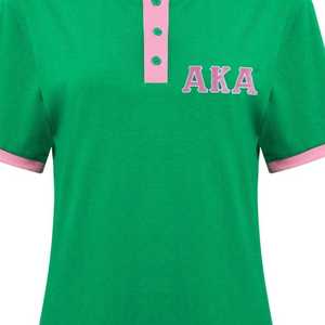 AKA เสื้อเชิ้ตเฮนลีย์สีเขียวสำหรับผู้หญิง ปักตัวอักษรกรีก กระดุมคุณภาพพรีเมียม เสื้อลำลอง ผ้าคุณภาพสูง สวมใส่สบาย - Product Image 3