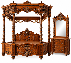 Cama de Madera Tallada Estilo Barroco Vintage, Cama de Cuatro Postes de Madera de Teca de Lujo, Cama King Size, Juego de Dormitorio Maharaja de Madera Sólida, USA - Product Image 3