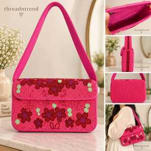 Sac à bandoulière rose floral perlé, sac à main fait main en perles de rocaille, sac de caractère avec broderie au point de croix et travail de couture - Product Image 4