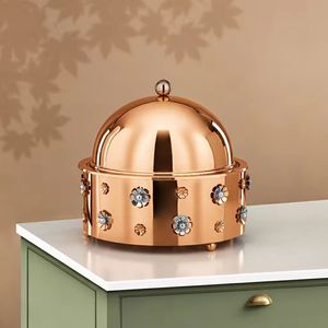 Polished copper serving dish with domed lid silver and gold floral embellishments luxury tableware for <b>kitchen</b> dining and food - Product Image 1