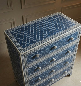 Blue Bone Inlay Solid Mango Three Drawer <b>Storage</b> Cabinet <b>Sideboard</b> Agate Detail Dresser Modern Bedroom Dining Living Room - Product Image 4