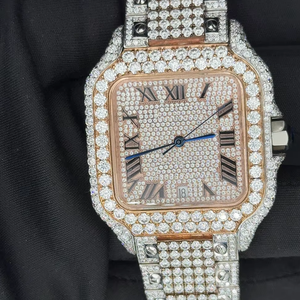 Reloj de Lujo con Moissanita de Corte Redondo, Completamente Adornado con Diamantes, Esfera Romana, Fecha Clásica, Reloj de Pulsera - Product Image 1