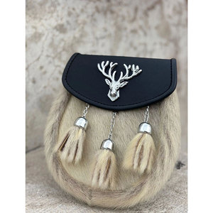 Handmade Black White Fur with <b>Stag</b> <b>Head</b> Antique Leather Kilt Sporran Top Selling Traditional Scottish Pouches and Bags - Product Image 3