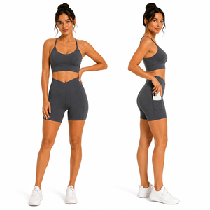 Women Cross Waist Pocket Biker Shorts Set Adjustable Strap Sports Bra Yoga Fitness Gym Workout Activewear - Product Image 2
