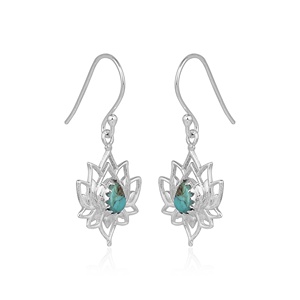 Pendientes de Flor de Loto con Turquesa Natural, Hechos a Mano, Plata de Ley, Joyería Boho para Mujer, Pendientes Colgantes - Product Image 1
