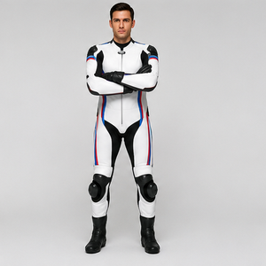 Combinaison de moto pour homme en PU blanc et noir, style motard, à capuche, respirante, séchage rapide, fermeture éclair, coupe ajustée, imperméable, col ras du cou - Product Image 5