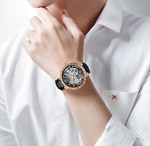Reloj de pulsera mecánico de lujo para hombre Winner, diseño hueco con tourbillon grande, correa de cuero japonesa, para uso empresarial - Product Image 1