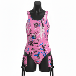 Maillot de bain pour femme en tissu côtelé polyester élasthanne 240 GSM premium, panneau graphique rose, impression par sublimation, logo. - Product Image 3