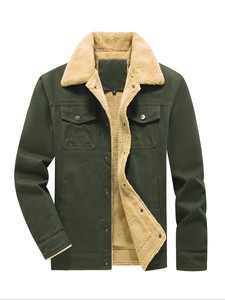 Veste en toile vert olive pour homme, doublure en sherpa, col rabattu, style workwear, vêtement d'extérieur d'hiver, coupe régulière, fermeture à boutons - Product Image 4
