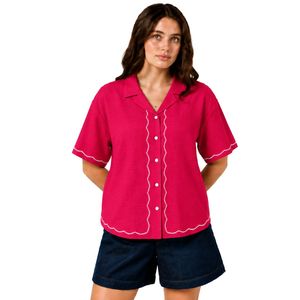 <b>Red</b> Floral Embroidered Women Short Sleeve Button Up Shirt Casual Summer Cotton <b>Blouse</b> With Collar Custom Fashion Tops OEM Style - Product Image 1