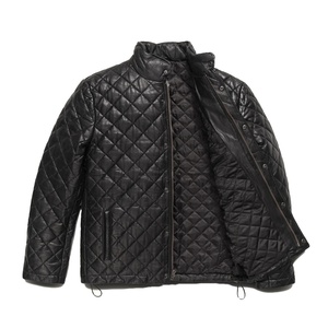 Chaqueta de cuero de vaca auténtica con diamantes acolchados negros Vintage de invierno para hombre, cuello levantado, cremallera, cierre de botones, estilo callejero - Product Image 1