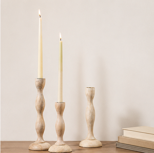 Handcrafted Wavy Wooden <b>Taper</b> <b>Candle</b> Holder Set Of 3 Rustic Distressed Mango Wood Candlestick Holders For Modern Farmhouse Decor - Product Image 3