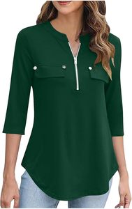 T-shirt amincissant à fermeture éclair pour femmes, à porter au quotidien, manches trois quarts, tunique unie, style confortable - Product Image 2