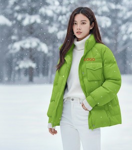Women's Green Quilted Jacket <b>Stand</b> Collar Full Sleeve Polyester Wadding Windproof Winter Coat Logo Front - Product Image 4