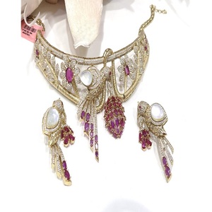 Dazzling Premium Quality Gold Plated Moissanite Necklace <b>Set</b> With Earrings for Wedding Wear Collection For <b>Women</b> - Product Image 1