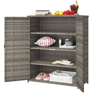Armadio da Esterno in Rattan Grigio Misto con 4 Ripiani e 2 Ante per Conservazione Asciugamani da Giardino e Piscina - Product Image 1