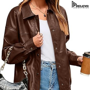 Customized <b>Men</b> Oversized Leather Winter Casual <b>Jacket</b> Dark Brown Zipper Front Drop Shoulder <b>Long</b> Sleeves - Product Image 3