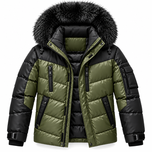 <b>Men's</b> Winter Puffer <b>Jacket</b> With Fur Hood Color Blocking <b>Down</b> <b>Filled</b> Zipper Closure Casual Outerwear - Product Image 1