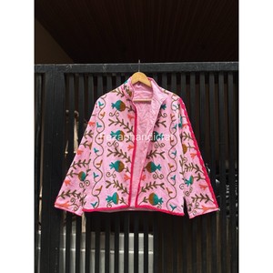 Pink Cotton Embroidered Fleece <b>Jacket</b> Mandarin Collar Zipper Closure Floral <b>Pattern</b> Autumn Wear Women's <b>Jacket</b> - Product Image 3