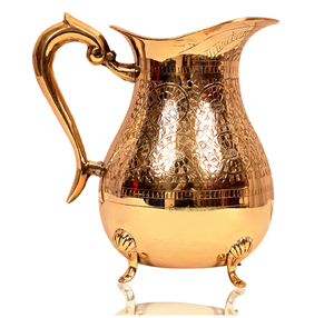 Ornate floral embossed <b>copper</b> jug features a premium matching <b>handle</b> and pedestal base, available at wholesale price. - Product Image 2