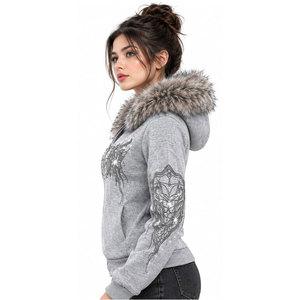 Sweat-shirt à capuche zippé pour femme avec bordure en fausse fourrure, imprimé pailleté, sequins, tricoté pour l'hiver, coupe classique, manches longues - Product Image 4