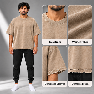 T-shirt surdimensionné personnalisé en coton délavé pour homme, coupe ample, bords vieillis, épaules tombantes, col rond, style streetwear décontracté - Product Image 6