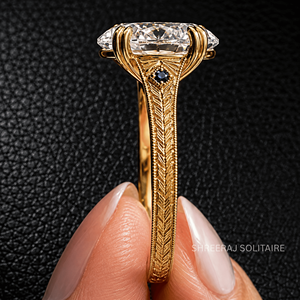 Bague de fiançailles en diamant de laboratoire de taille ovale certifié IGI, or 14K 18K, gravée à la main, style vintage, double griffe, saphir bleu - Product Image 5