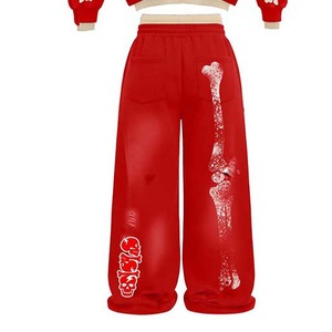 Conjunto de Sudadera con Capucha Roja para Hombre, Estampado Digital, Estilo Urbano, Conjunto de Dos Piezas con Pantalones Forrados de Felpa con Patrón de Huesos - Product Image 5