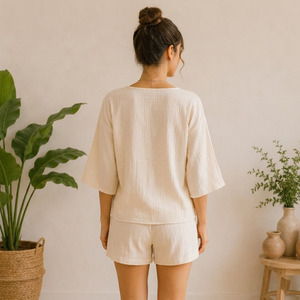 Ensembles de vêtements de détente pour femmes, 100% coton, tissu en gaze tissé, pyjamas respirants, vêtements décontractés pour la maison - Product Image 3